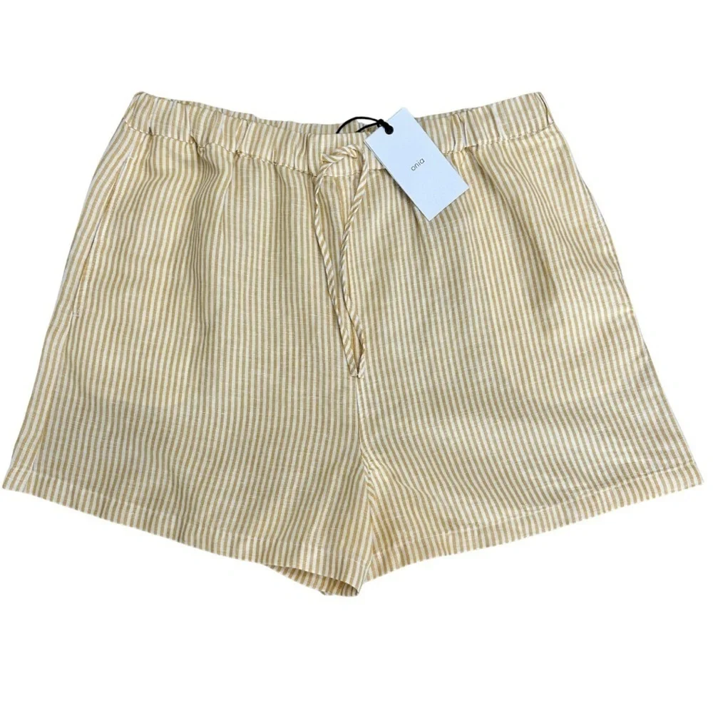 Onia Air Linen Elastic Drawstring Shorts Classic Stripe SZ XL Yellow White NWT